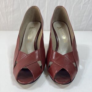 Vtg 80s Kramer's Shoes Open Toe Heels 6M Burgundy Leather